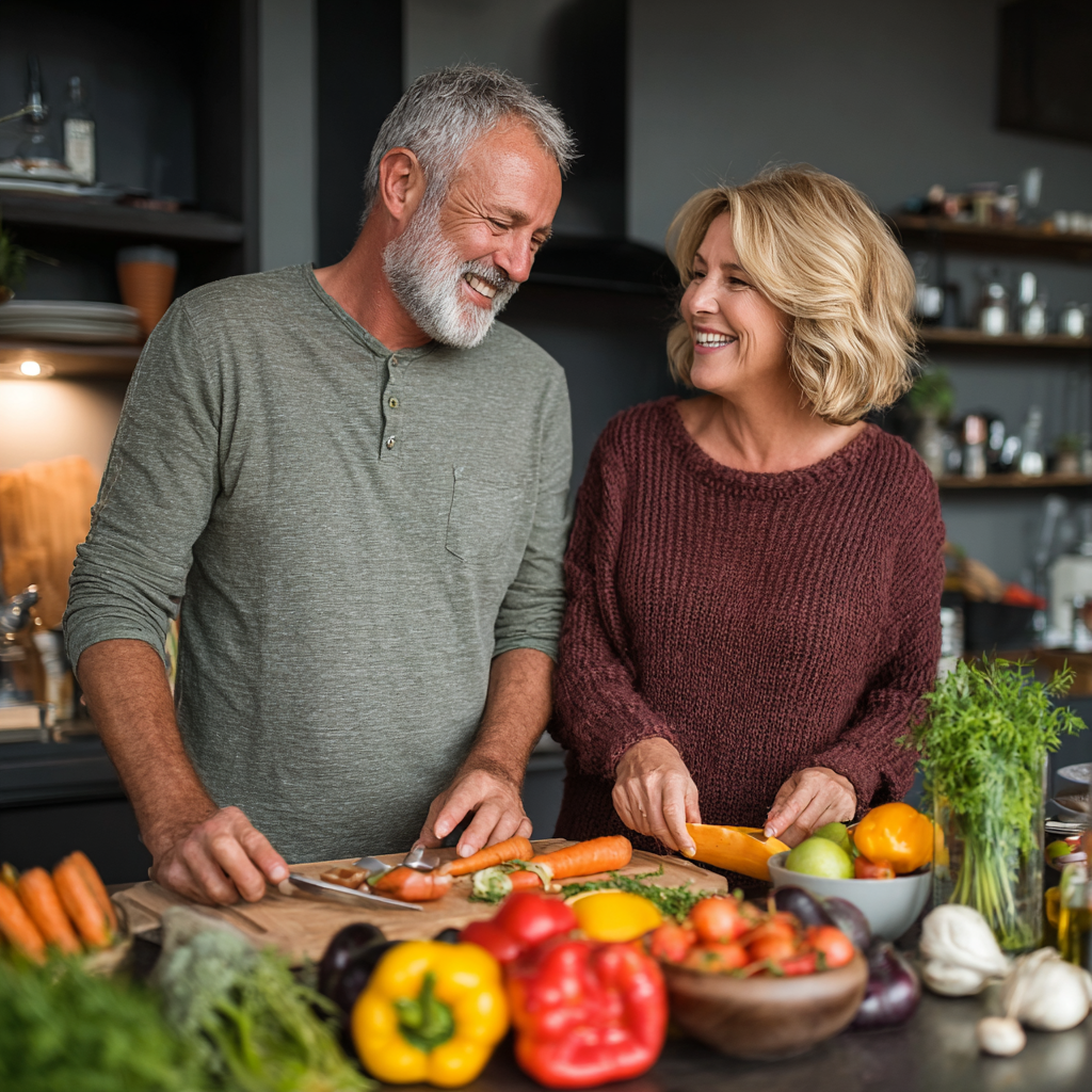 Happy middle-aged couple cooking healthy meal together in modern kitchen following nutrition plan