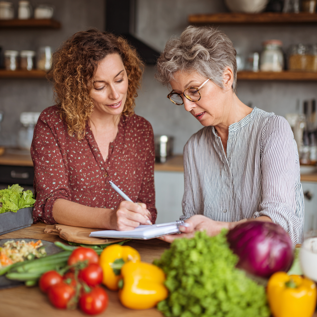 Professional nutritionist consulting with middle-aged woman about healthy meal planning